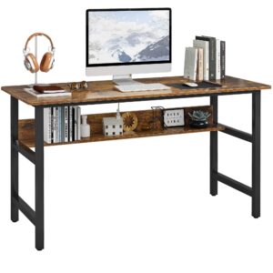 home bi computer desk, 55'' writing desk, study desk with storage shelf, industrial style office desk, wood metal frame pc laptop table workstation for home