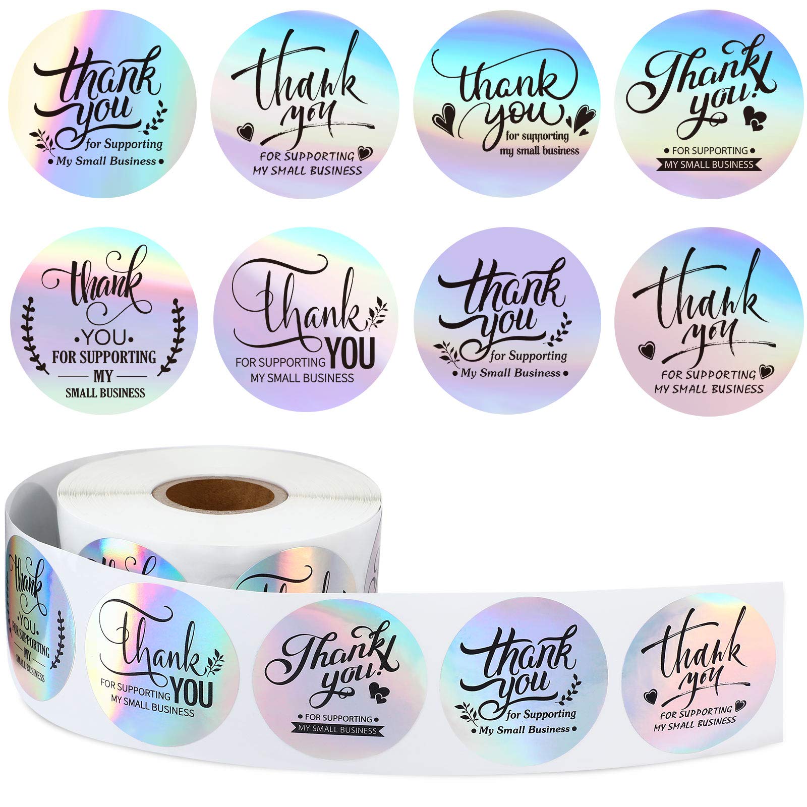 600 Thank You for Supporting My Small Business Stickers Thank You Label Stickers Holographic Silver Roll Adhesive Business Labels Rainbow Holo Stickers for Boutiques Shop Wrapping Supplies (1.5 Inch)