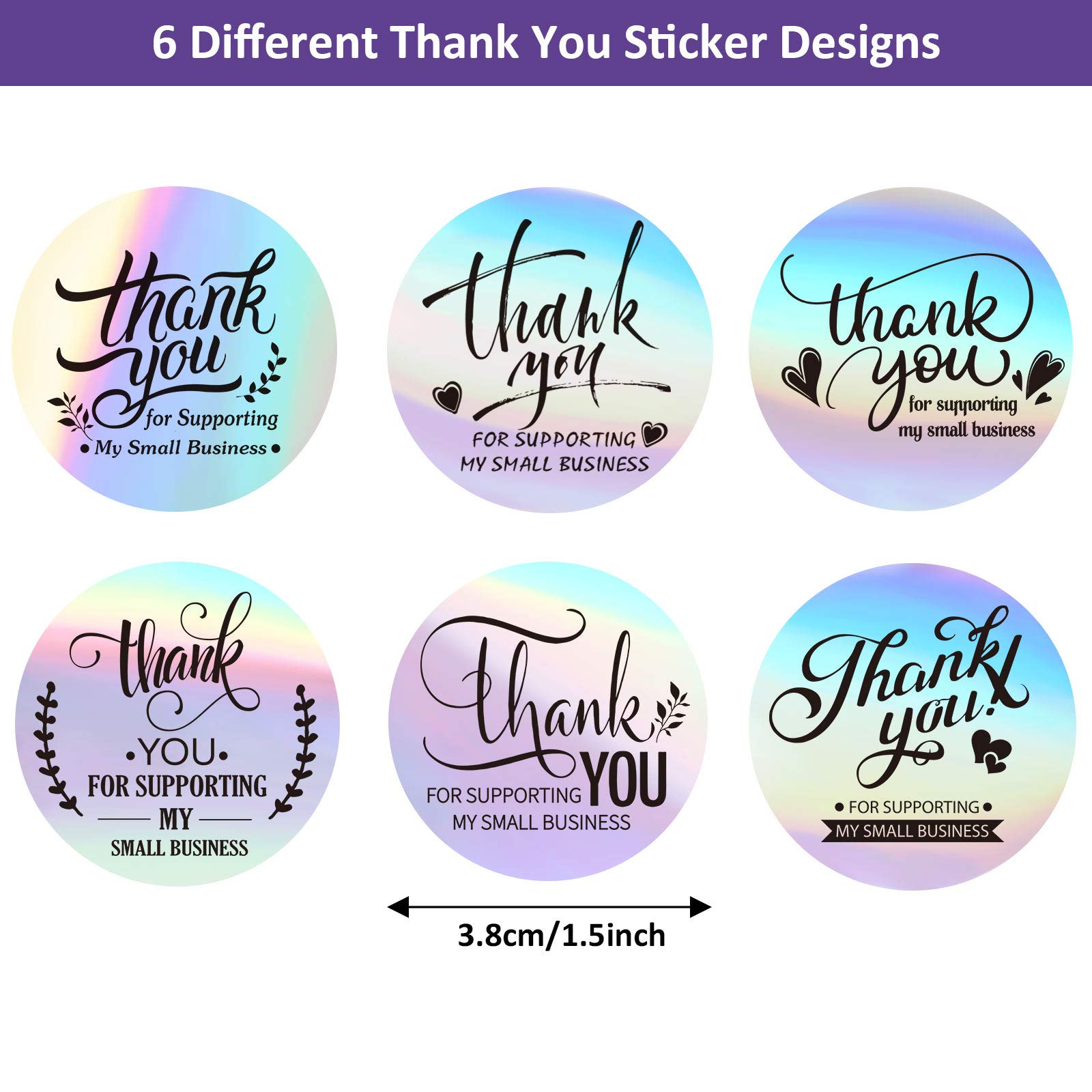 600 Thank You for Supporting My Small Business Stickers Thank You Label Stickers Holographic Silver Roll Adhesive Business Labels Rainbow Holo Stickers for Boutiques Shop Wrapping Supplies (1.5 Inch)