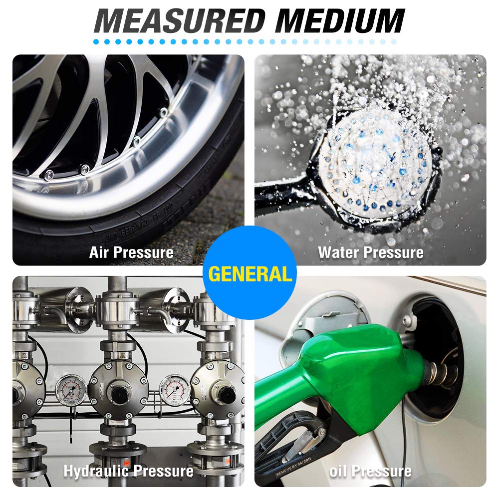 MEANLIN MEASURE 0-100Psi 2" DIAL FACE 1/4" NPT Well Pump Pressure Gauge, with 1/4" x 1/2" NPT and 1/4" x 3/8" NPT Hex Bushing, 3-2-3% Accuracy,Lower Mount