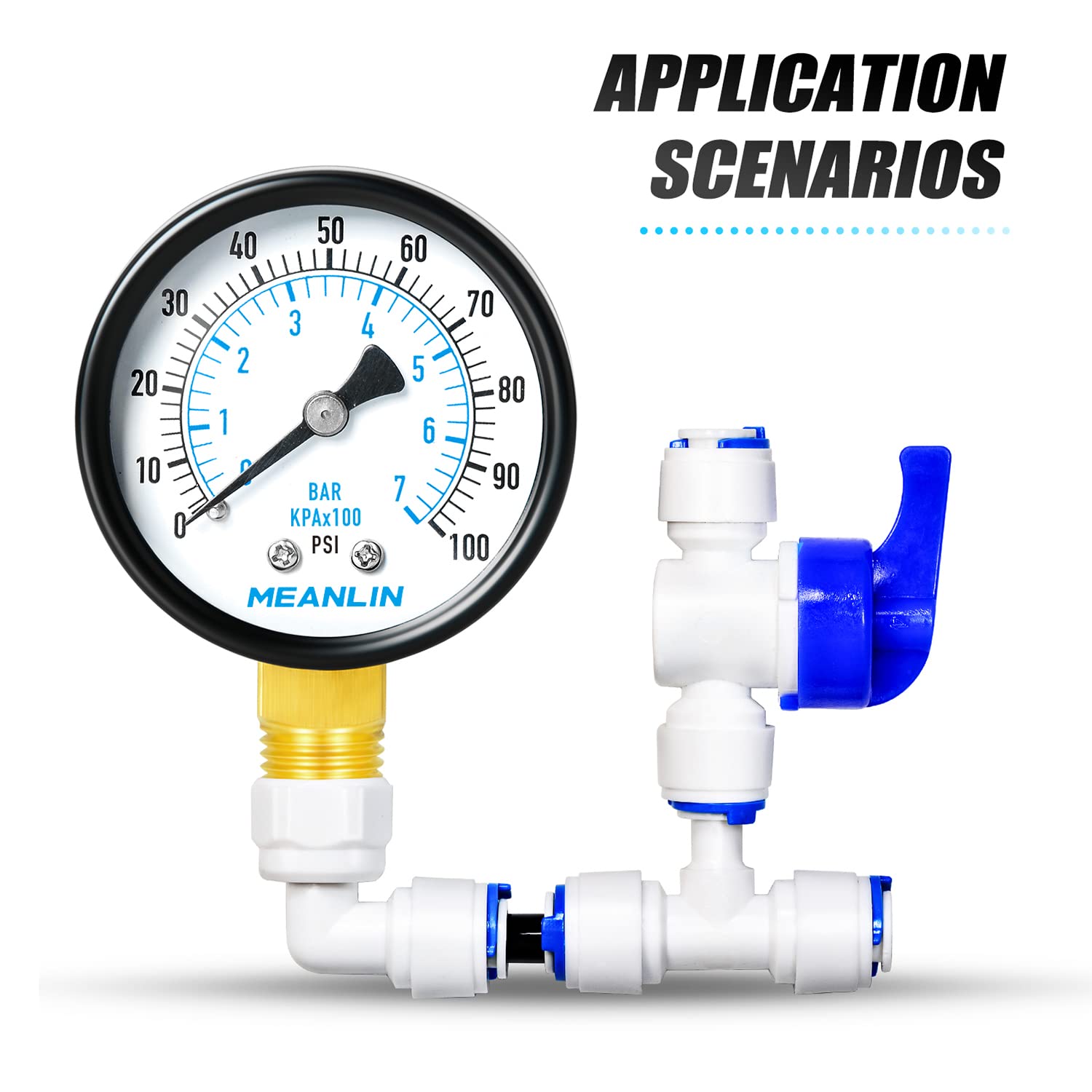 MEANLIN MEASURE 0-100Psi 2" DIAL FACE 1/4" NPT Well Pump Pressure Gauge, with 1/4" x 1/2" NPT and 1/4" x 3/8" NPT Hex Bushing, 3-2-3% Accuracy,Lower Mount