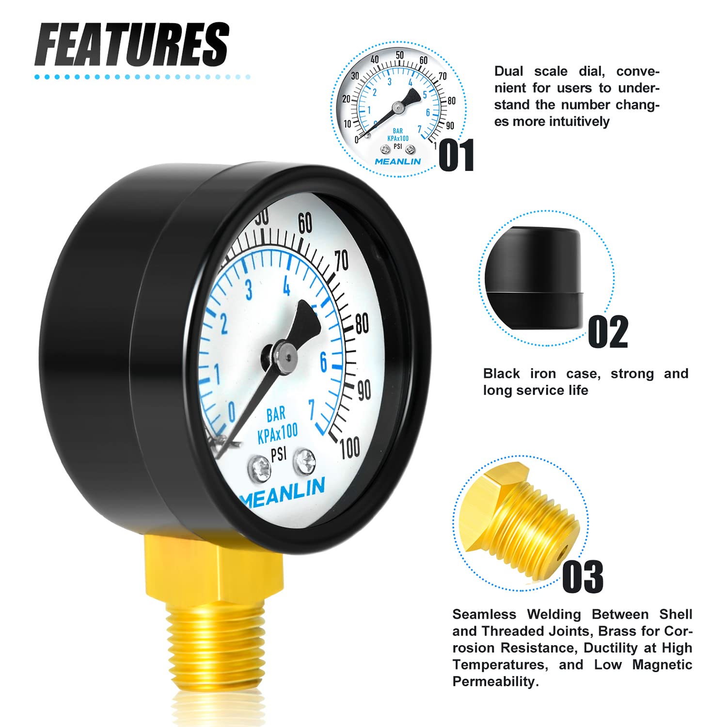 MEANLIN MEASURE 0-100Psi 2" DIAL FACE 1/4" NPT Well Pump Pressure Gauge, with 1/4" x 1/2" NPT and 1/4" x 3/8" NPT Hex Bushing, 3-2-3% Accuracy,Lower Mount