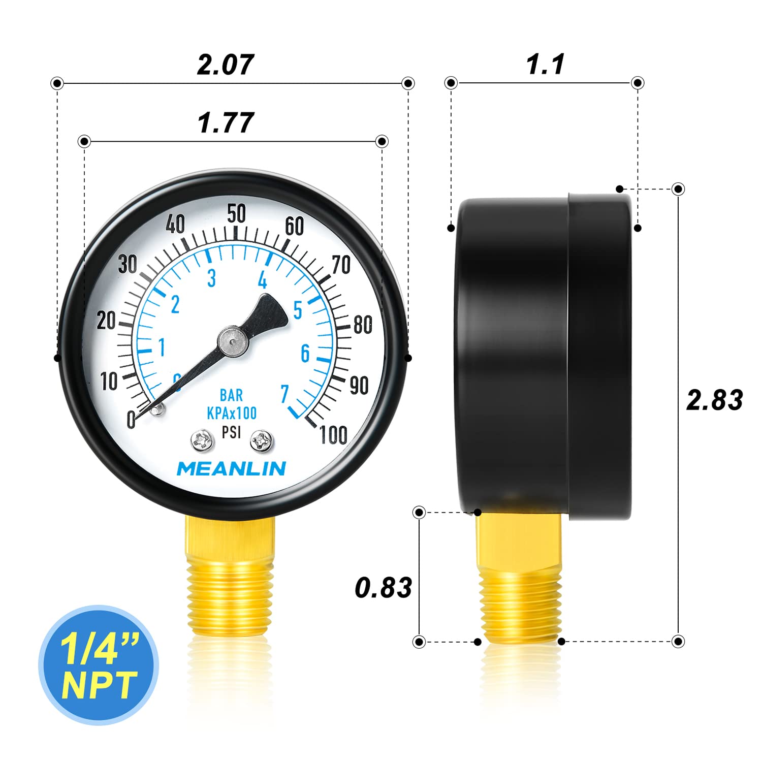 MEANLIN MEASURE 0-100Psi 2" DIAL FACE 1/4" NPT Well Pump Pressure Gauge, with 1/4" x 1/2" NPT and 1/4" x 3/8" NPT Hex Bushing, 3-2-3% Accuracy,Lower Mount