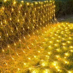 kemooie 198 led christmas net lights, 9.8ft x 6.6ft plug in mesh lights, connectable 8 twinkle modes waterproof string lights for garden bush window christmas decorations (warm white)