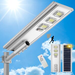lovus 2000w commercial solar lights outdoor, 6000k led solar street lights dusk to dawn with motion sensor, outdoor waterproof solar flood security lights for highway, parking lot, st300-033
