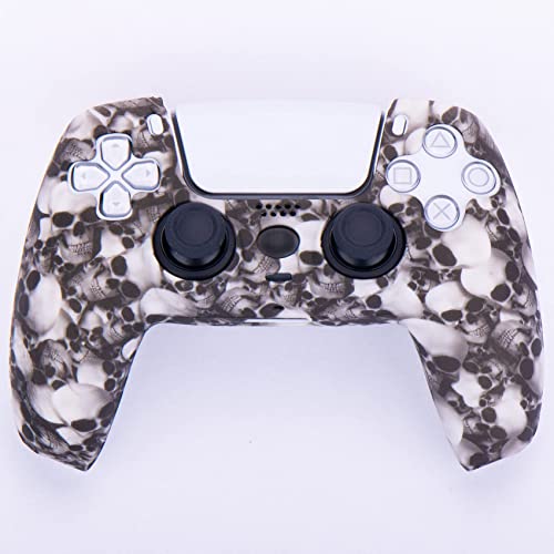 YoRHa Water Transfer Printing Silicone Thickened Cover Skin Case for PS5 Controller x 1(Skulls Purple) with Thumb Grips x 10