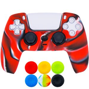 9cdeer 1 piece of silicone protective thick cover skin + 6 thumb grips for playstation 5 / ps5 controller camouflage red