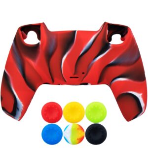 9CDeer 1 Piece of Silicone Protective Thick Cover Skin + 6 Thumb Grips for Playstation 5 / PS5 Controller Camouflage Red