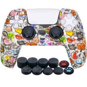 yorha water transfer printing silicone thickened cover skin case for ps5 controller x 1(lovely graffiti) with thumb grips x 10