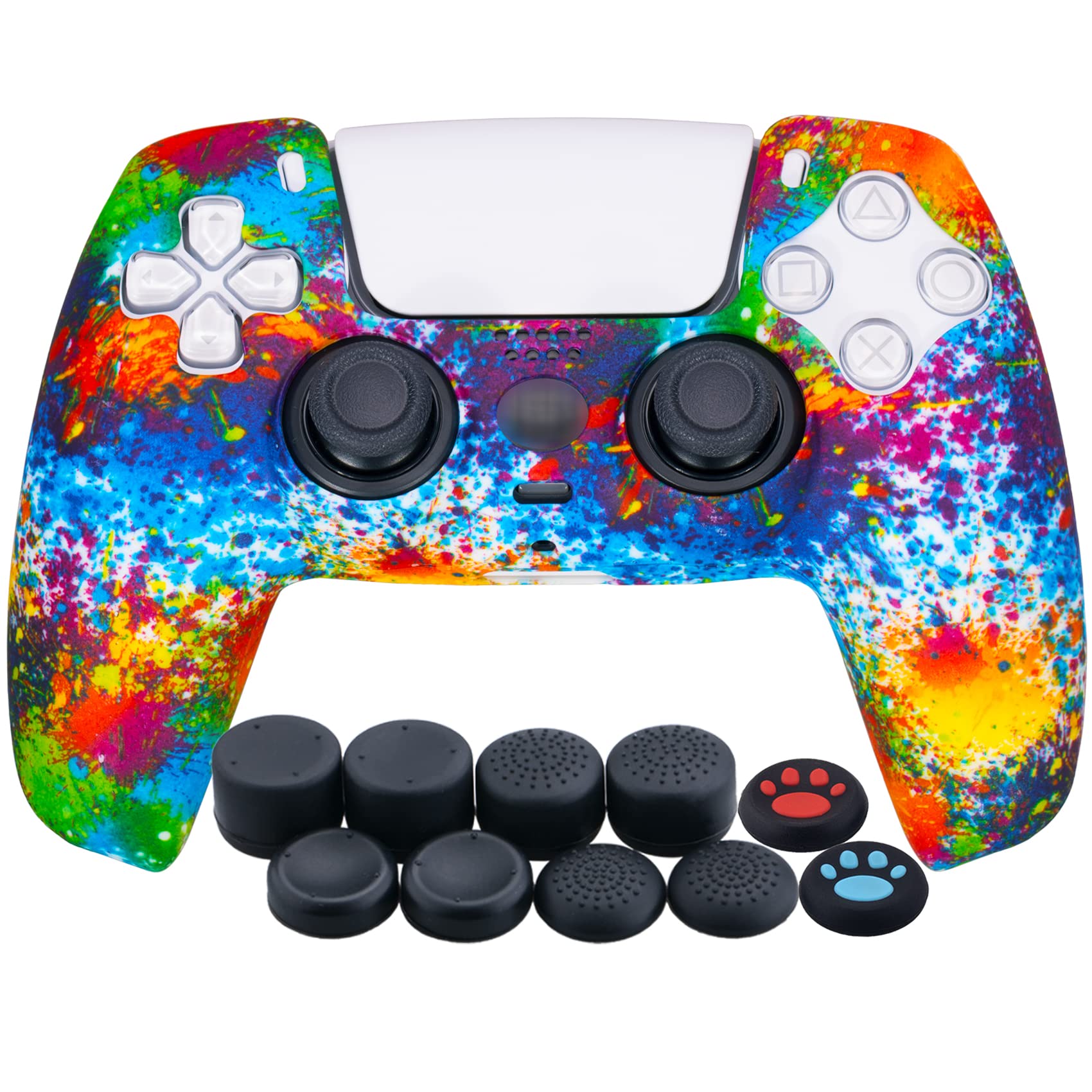 YoRHa Water Transfer Printing Silicone Thickened Cover Skin Case for PS5 Controller x 1(Spashing Paint) with Thumb Grips x 10