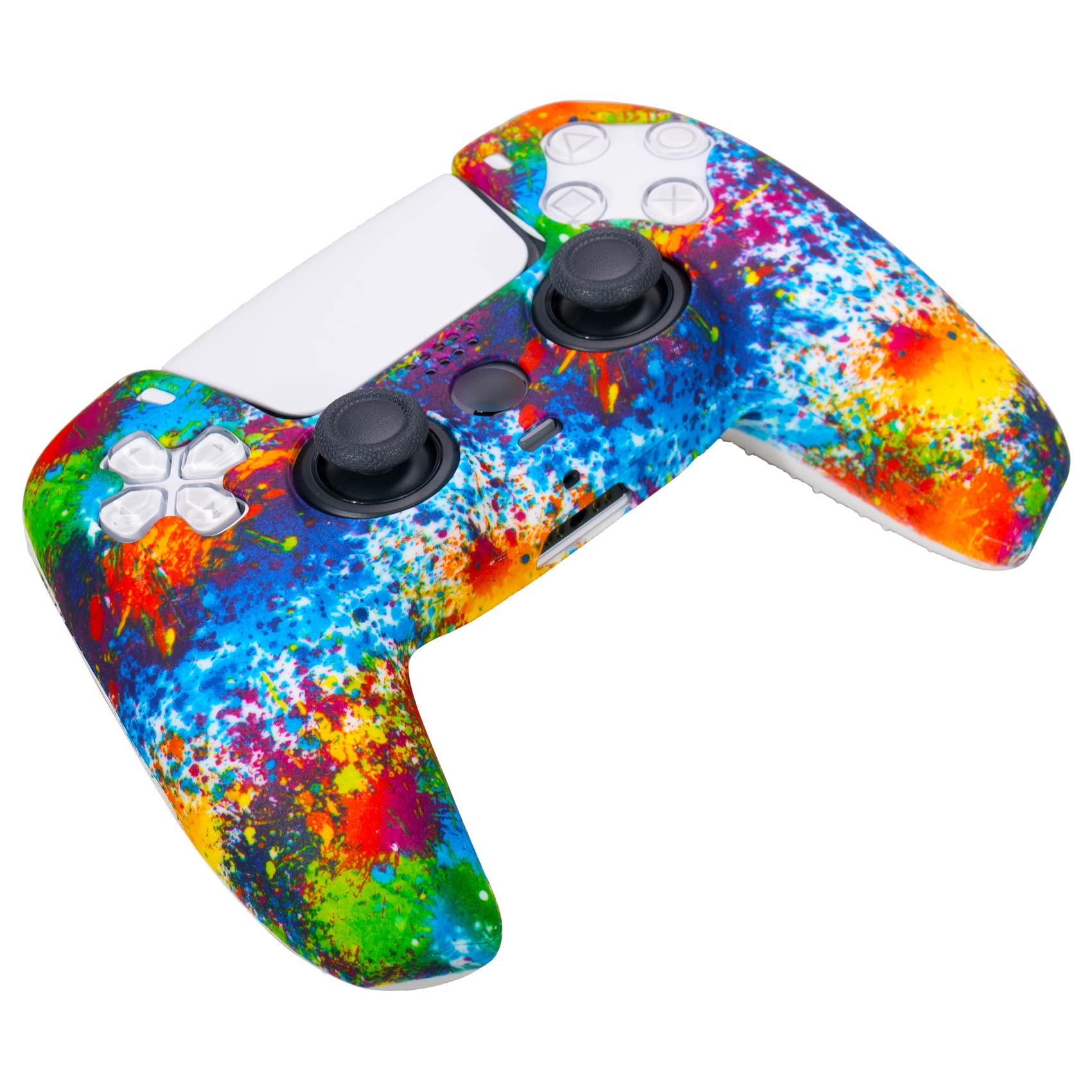 YoRHa Water Transfer Printing Silicone Thickened Cover Skin Case for PS5 Controller x 1(Spashing Paint) with Thumb Grips x 10