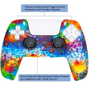 YoRHa Water Transfer Printing Silicone Thickened Cover Skin Case for PS5 Controller x 1(Spashing Paint) with Thumb Grips x 10