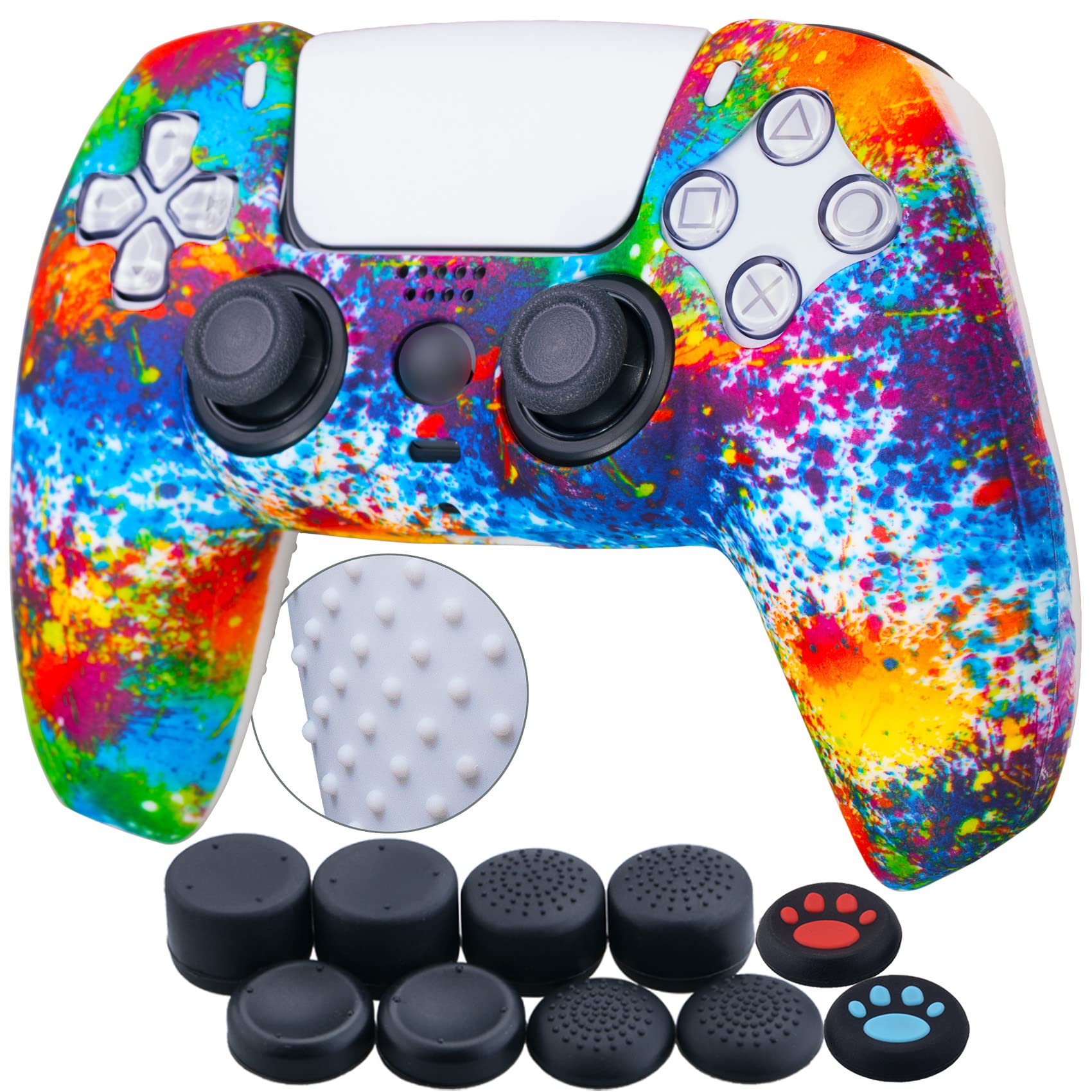 YoRHa Water Transfer Printing Silicone Thickened Cover Skin Case for PS5 Controller x 1(Spashing Paint) with Thumb Grips x 10