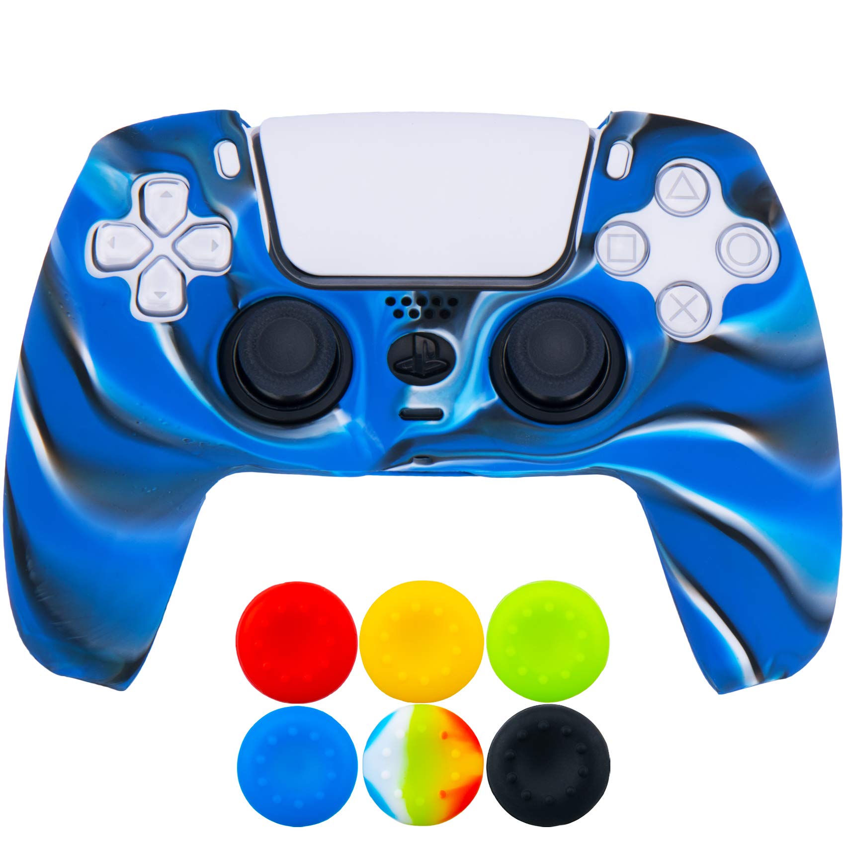 9CDeer 1 Piece of Silicone Protective Thick Cover Skin + 6 Thumb Grips for Playstation 5 / PS5 Controller Camouflage blue