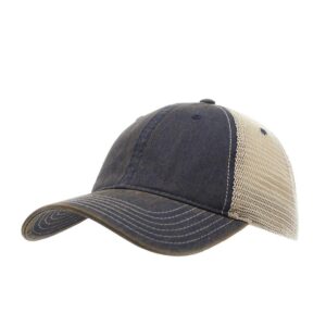 the vintage year washed cotton unstructured soft mesh adjustable trucker baseball cap (dirty wash navy/khaki)