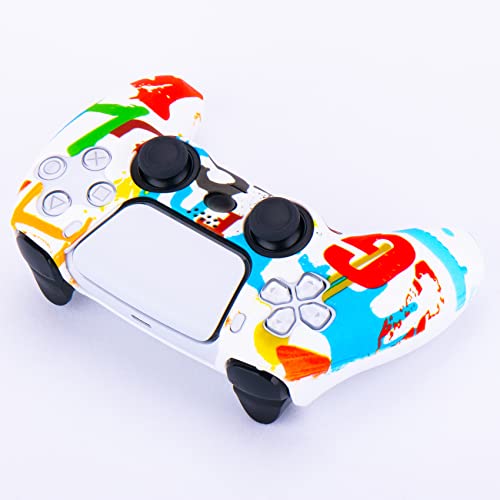 YoRHa Water Transfer Printing Silicone Thickened Cover Skin Case for PS5 Controller x 1(Colorful Paint) with Thumb Grips x 10