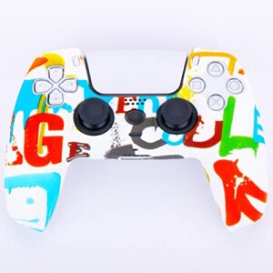 YoRHa Water Transfer Printing Silicone Thickened Cover Skin Case for PS5 Controller x 1(Colorful Paint) with Thumb Grips x 10