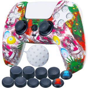 9cdeer 1 piece of silicone transfer print protective cover skin + 10 thumb grips for playstation 5 / ps5 controller zombie