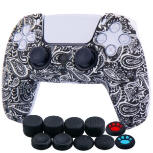 YoRHa Water Transfer Printing Silicone Thickened Cover Skin Case for PS5 Controller x 1(Leaves Red) with Thumb Grips x 10