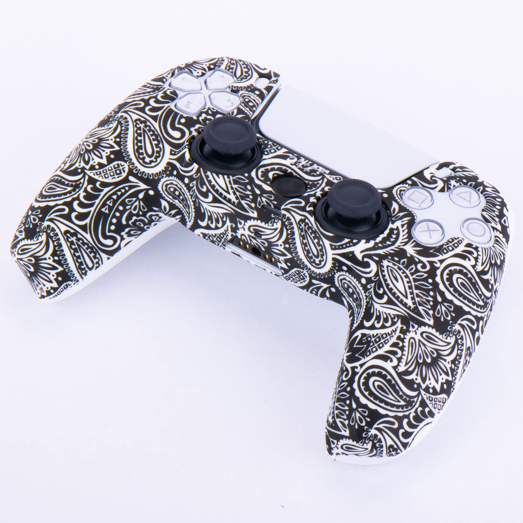 YoRHa Water Transfer Printing Silicone Thickened Cover Skin Case for PS5 Controller x 1(Leaves Red) with Thumb Grips x 10