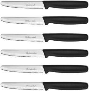 hohscheid swiss classic steak knives set, 4.5" finely serrated steak knife set of 6, dishwasher safe stainless steel cutlery steak knives black