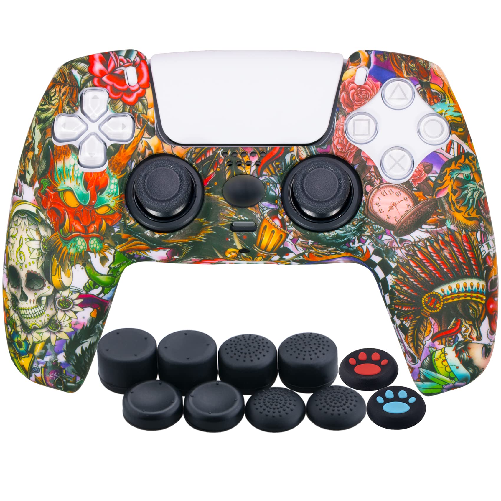 YoRHa Water Transfer Printing Silicone Thickened Cover Skin Case for PS5 Controller x 1(Beasts) with Thumb Grips x 10