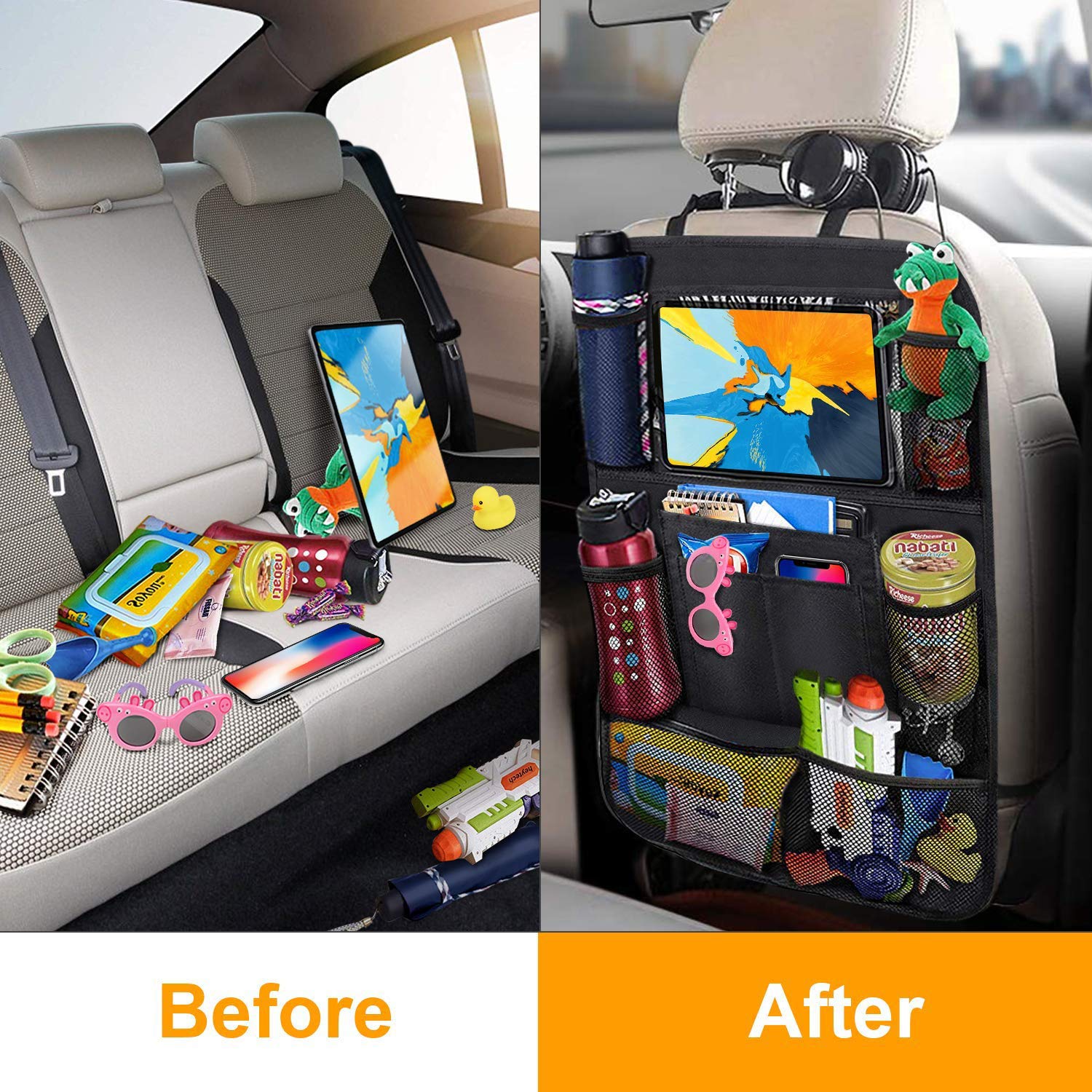 MYKOMI Car Backseat Organizer, Waterproof and Durable Car Seat Organizer Kick Mats, 9 Storage, Tablet Holder, Pockets Car Back Seat Protectors Kick Mats Car Travel Accessories for Kids (2 pack)