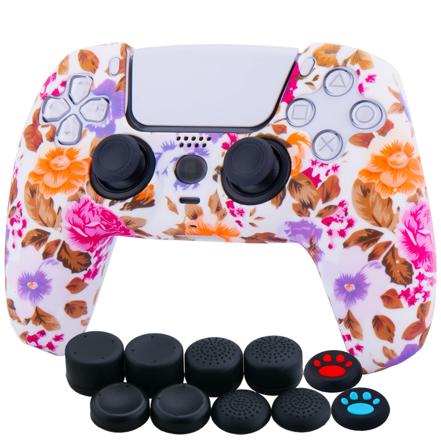 YoRHa Water Transfer Printing Silicone Thickened Cover Skin Case for PS5 Controller x 1(Flowers) with Thumb Grips x 10