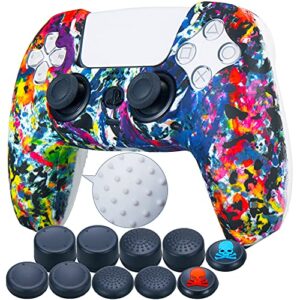 9cdeer 1 piece of silicone transfer print protective cover skin + 10 thumb grips for playstation 5 / ps5 controller watercolor