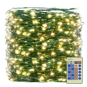 xunxmas outdoor indoor string lights christmas 300led warm white fairy lights 99ft green wire dimmable with remote control, waterproof fairy light for diy christmas tree bedroom patio party decor