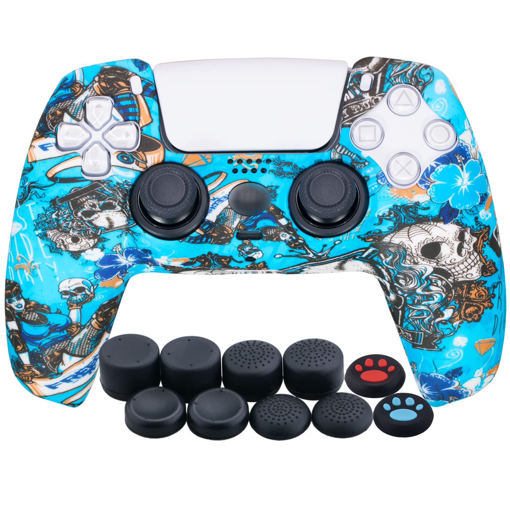 YoRHa Water Transfer Printing Silicone Thickened Cover Skin Case for PS5 Controller x 1(Witch) with Thumb Grips x 10