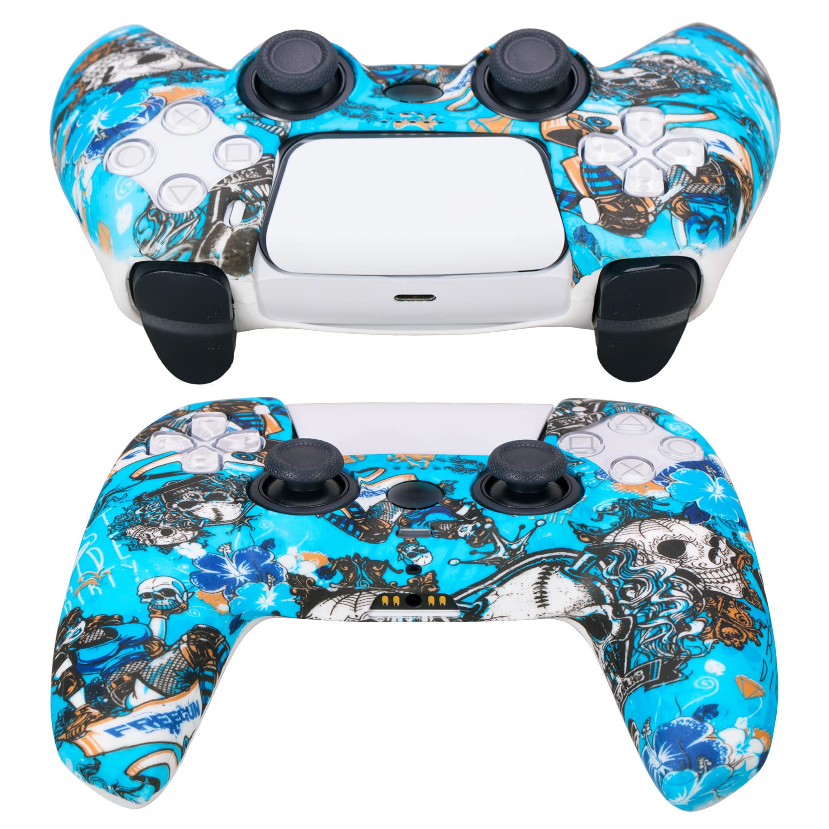 YoRHa Water Transfer Printing Silicone Thickened Cover Skin Case for PS5 Controller x 1(Witch) with Thumb Grips x 10