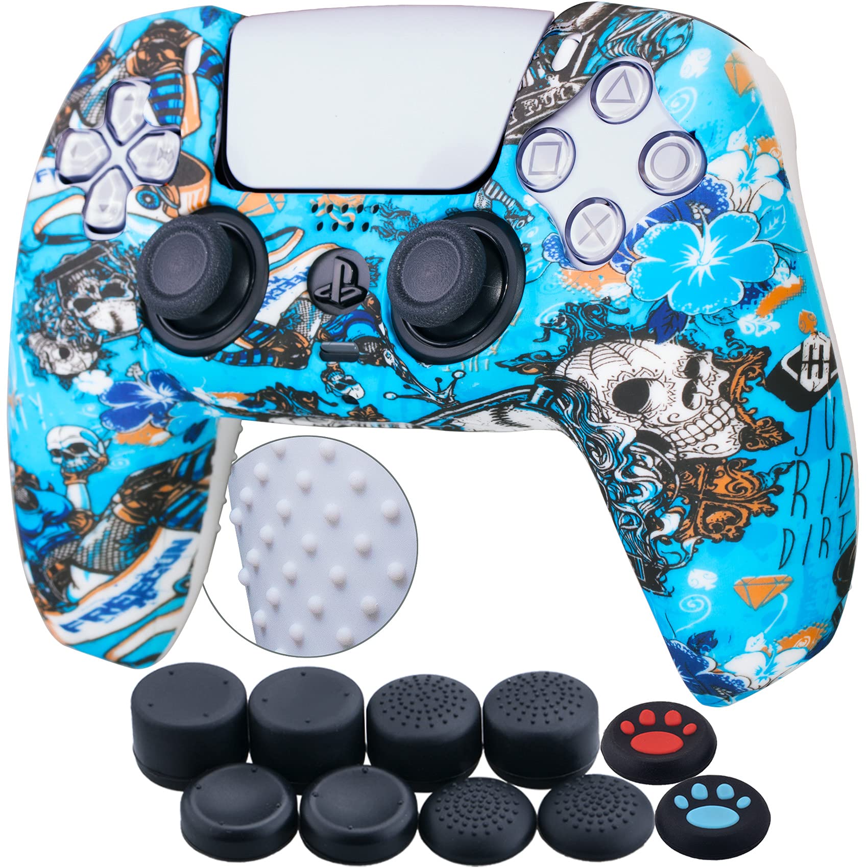 YoRHa Water Transfer Printing Silicone Thickened Cover Skin Case for PS5 Controller x 1(Witch) with Thumb Grips x 10