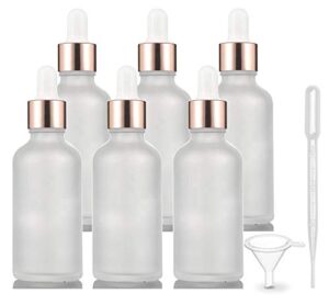 6 pack,frosted glass essential oil dropper bottle,empty glass liquid container holder with glass eye dropper,rose-golden caps travel perfume cosmetic container-pipette&funnel included (50ml/1.7 ounce)