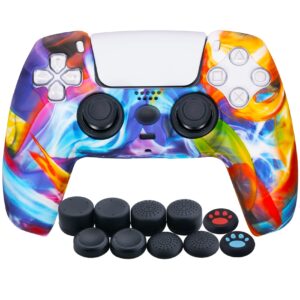 YoRHa Water Transfer Printing Silicone Thickened Cover Skin Case for PS5 Controller x 1(Colorful Stream) with Thumb Grips x 10