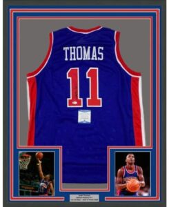 framed autographed/signed isiah thomas 33x42 detroit blue basketball jersey beckett bas coa