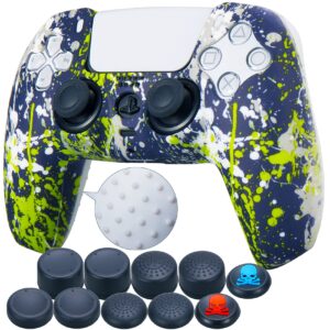 9cdeer 1 piece of silicone transfer print protective cover skin + 10 thumb grips for playstation 5 / ps5 controller green graffiti