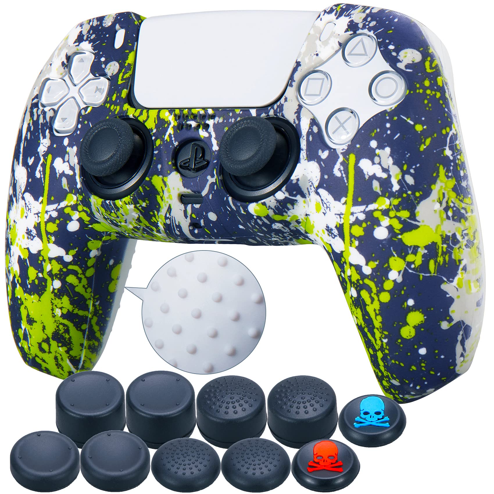 9CDeer 1 Piece of Silicone Transfer Print Protective Cover Skin + 10 Thumb Grips for Playstation 5 / PS5 Controller Green Graffiti