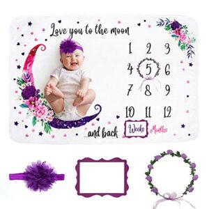 baby monthly milestone blanket girl - extra soft, large (60"x40") thick fleece - baby growth chart blanket - baby age blanket for photos - baby month blanket - includes headband, floral wreath, frame