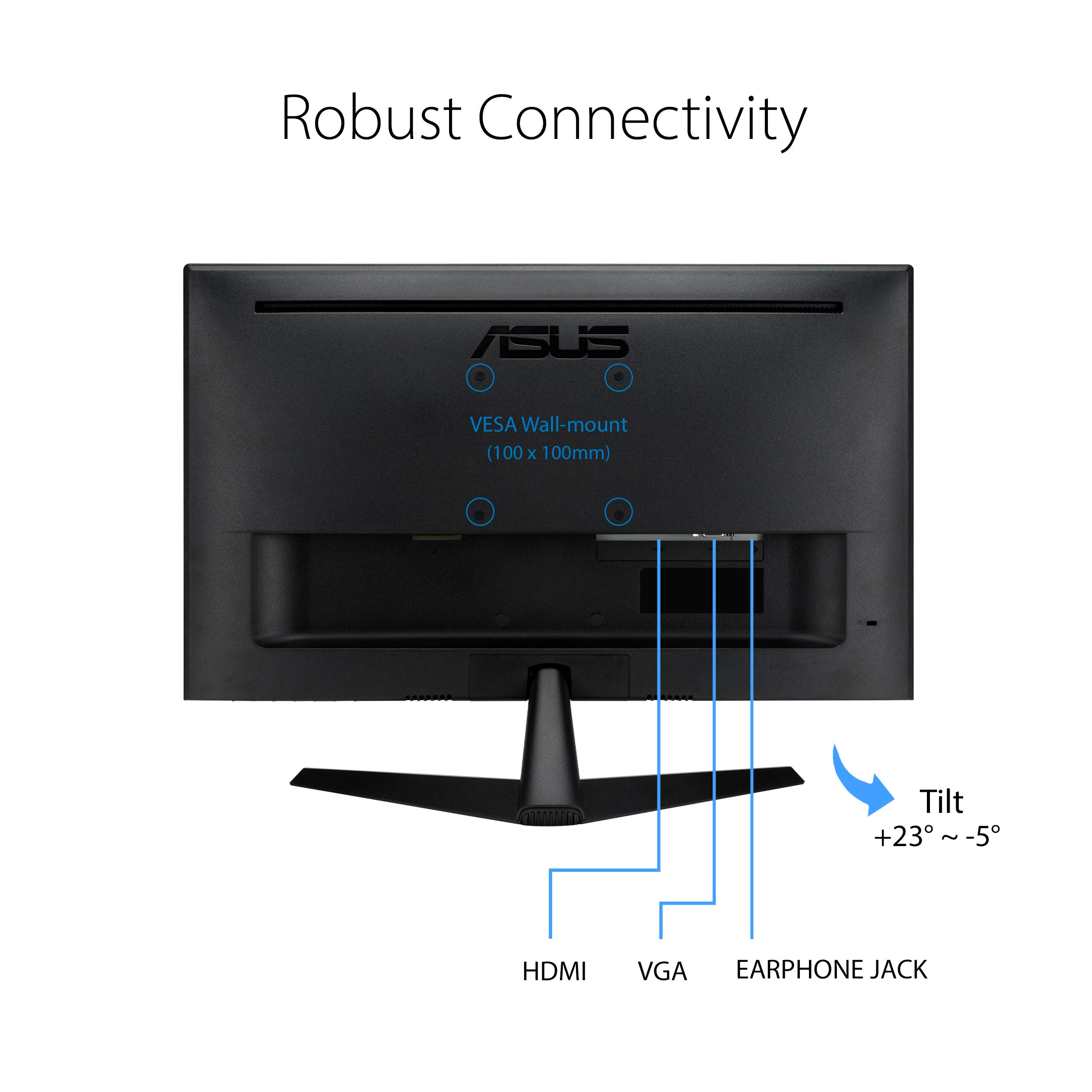 ASUS VY249HE 23.8” Eye Care Monitor, 1080P Full HD, 75Hz, IPS, Adaptive-Sync/Sync, Eye Care Plus, Color Augmentation, Rest Reminder, HDMI VGA, Frameless, VESA Wall Mountable, BLACK