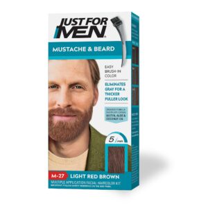 just for men mustache & beard, beard dye for men with brush included for easy application, with biotin aloe and coconut oil for healthy facial hair - light red brown, m-27, pack of 1