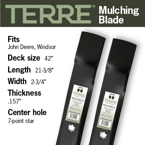 Terre Products, 2 Pack Mulching Mower Blades, 42 Inch Deck, Compatible with John Deere 105, 115, 125, D100. D110, D125, LA100, LA105, LA110, Replaces John Deere GX22151, GY20850, AM137333, AM141033