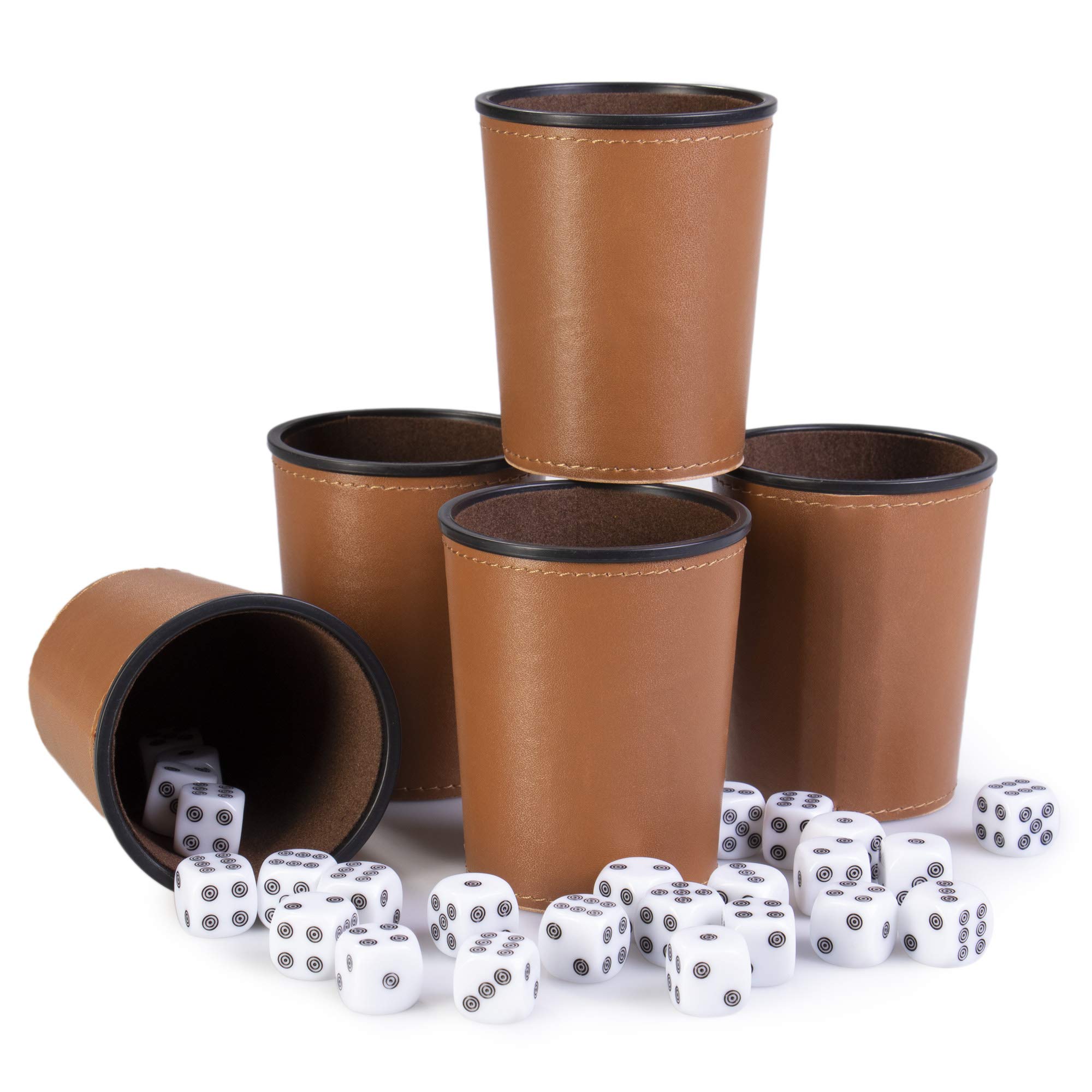 5 Leather Dice Cups and 25 Bullseye Dice by Bullseye Game Night | Classic Dice for Farkle, Liar's Dice, Bunco | Brown