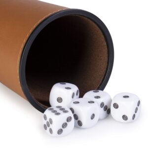 5 Leather Dice Cups and 25 Bullseye Dice by Bullseye Game Night | Classic Dice for Farkle, Liar's Dice, Bunco | Brown