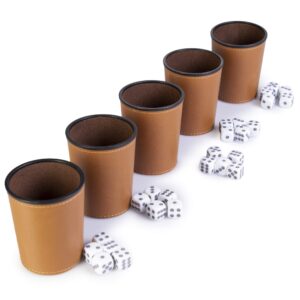 5 Leather Dice Cups and 25 Bullseye Dice by Bullseye Game Night | Classic Dice for Farkle, Liar's Dice, Bunco | Brown