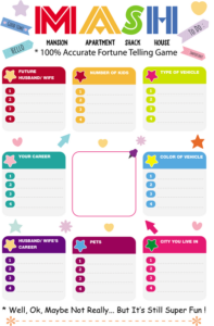 printable mash game, pamper party classic sleepover game