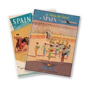set of two (2) spanish air lines travel poster prints - fiesta de toros bullfighting festival in spain circa 1950 - each measures 12 x 16 inches