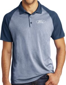 white ford oval crest chest print raglan polo shirt, navy heather large