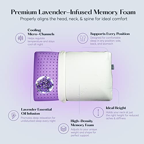 Sutera - Cooling Lavender Zen Memory Foam Pillow for Sleeping - Essential Lavender Oil Infused, Cooling Pillow with Neck, Shoulder and Back Support - Relaxing for Side, Back, Stomach Sleepers