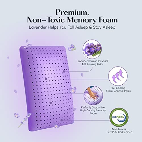 Sutera - Cooling Lavender Zen Memory Foam Pillow for Sleeping - Essential Lavender Oil Infused, Cooling Pillow with Neck, Shoulder and Back Support - Relaxing for Side, Back, Stomach Sleepers